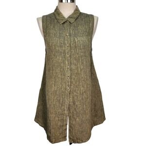 Kleen Womens Medium 100% Linen Sleeveless Button Down Tunic Top Olive Green Gold